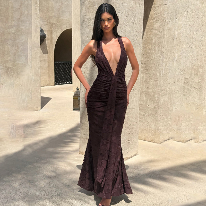 Linen Dress Wrap - Sexy Deep V Backless Wrap around