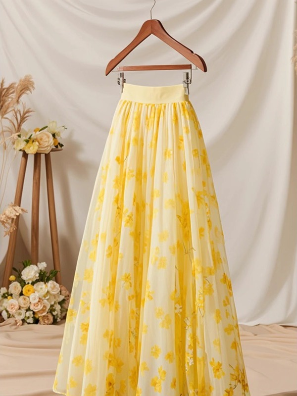 Summer 2026 High Waist Yellow  - Midi Skirt Floral review and price