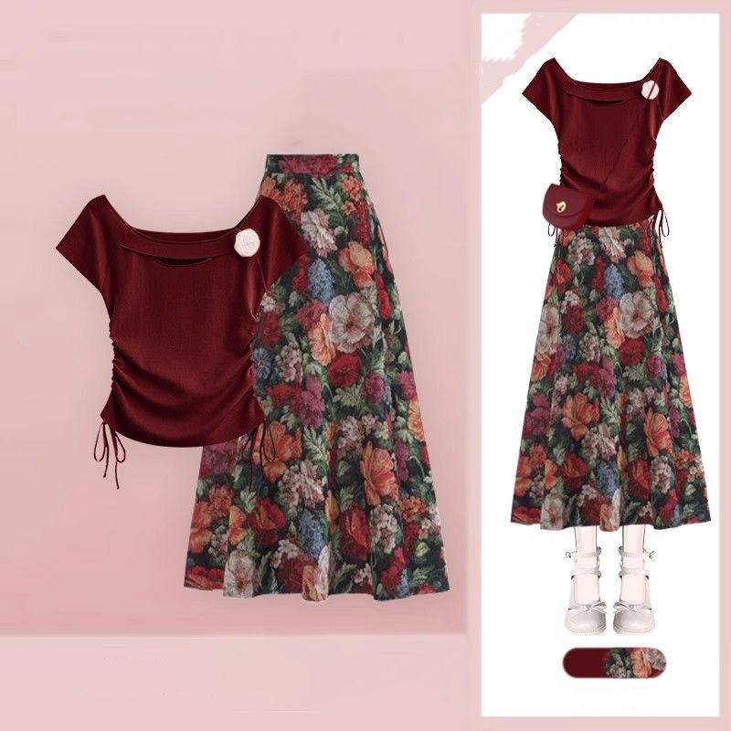 Women Lucky Wine Red T-Shirts  - Midi Skirt Floral review and price